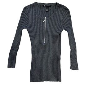 INC Y2K Gray Ribbed Knit Sweater Top with Silver Zipper 3/4 Sleeve